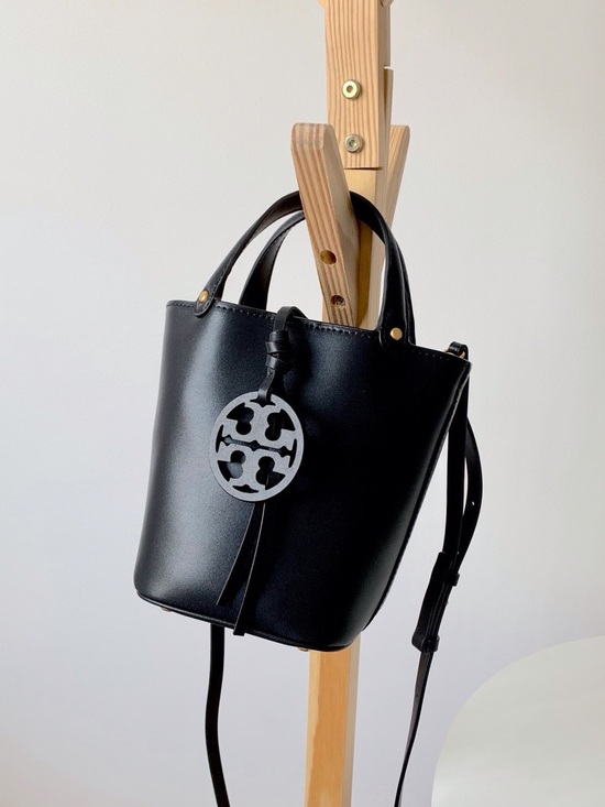 Tory Burch Handbags - Tory Burch Black Leather Mini Tote Crossbody Bag with Logo Charm